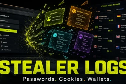 Stealer Logs poster showing stolen passwords, cookies, tokens, and wallets from an infected laptop.