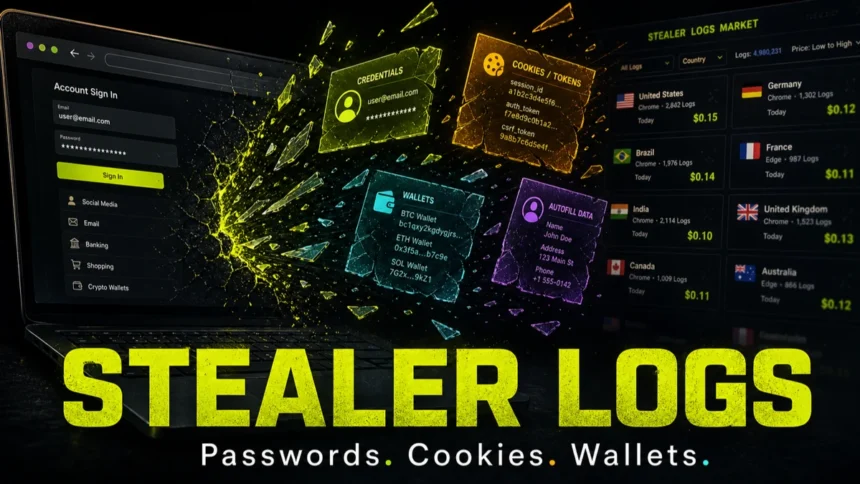 Stealer Logs poster showing stolen passwords, cookies, tokens, and wallets from an infected laptop.