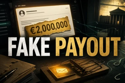 Fake payout email promising two million euros and leading to a phishing trap