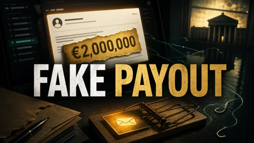 Fake payout email promising two million euros and leading to a phishing trap