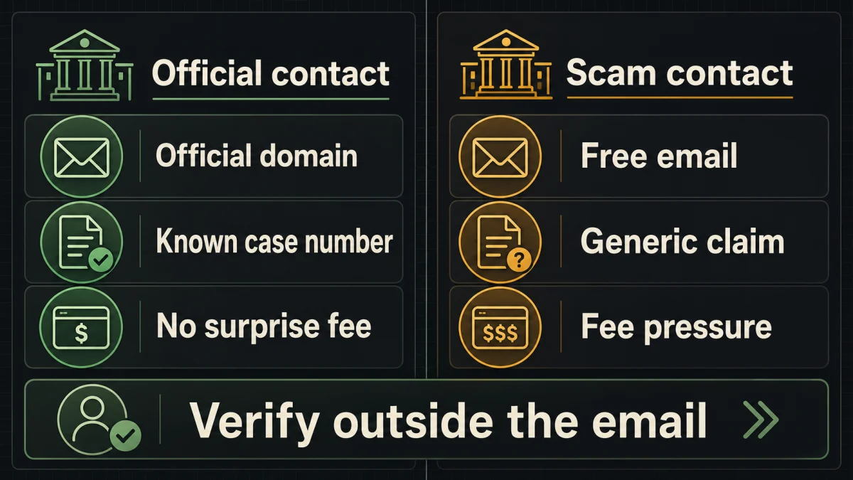 Diagram comparing official contact signs with scam contact signs in fake authority emails