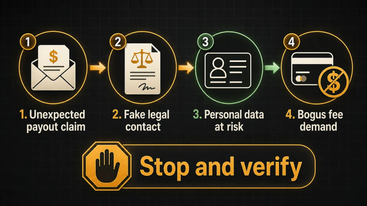 Diagram showing fake payout claim, legal contact, personal data risk, and bogus fee demand