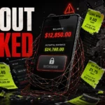 Online betting scam poster showing a locked payout button, fake odds slips, and a warning vault.