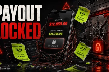 Online betting scam showing a locked payout button, fake odds slips, and a warning vault.