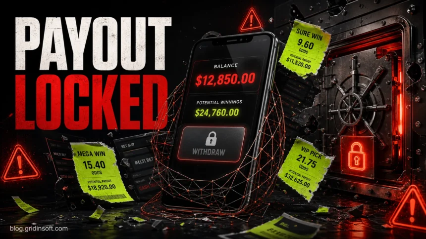 Online Betting Scams: Payout Traps, Fake Apps and Fixed Matches 1 Online betting scam poster showing a locked payout button, fake odds slips, and a warning vault.