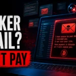 Hacker email scam warning with a fake blackmail message and Don't Pay text.