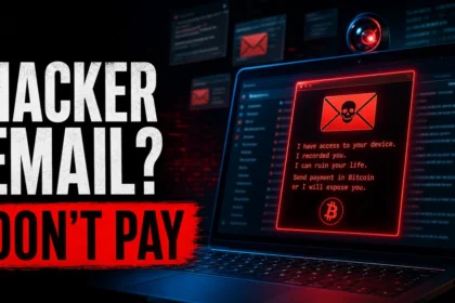Hacker email scam warning with a fake blackmail message and Don't Pay text.