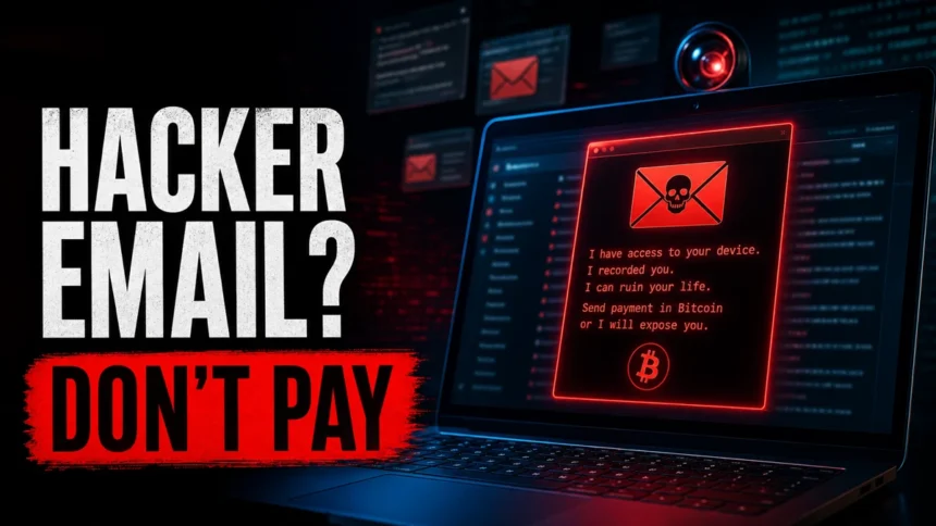 Hacker email scam warning with a fake blackmail message and Don't Pay text.