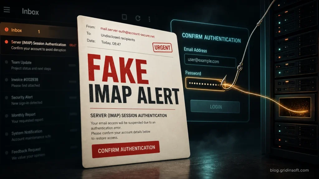 Fake IMAP alert email pulling a password into a phishing login form.