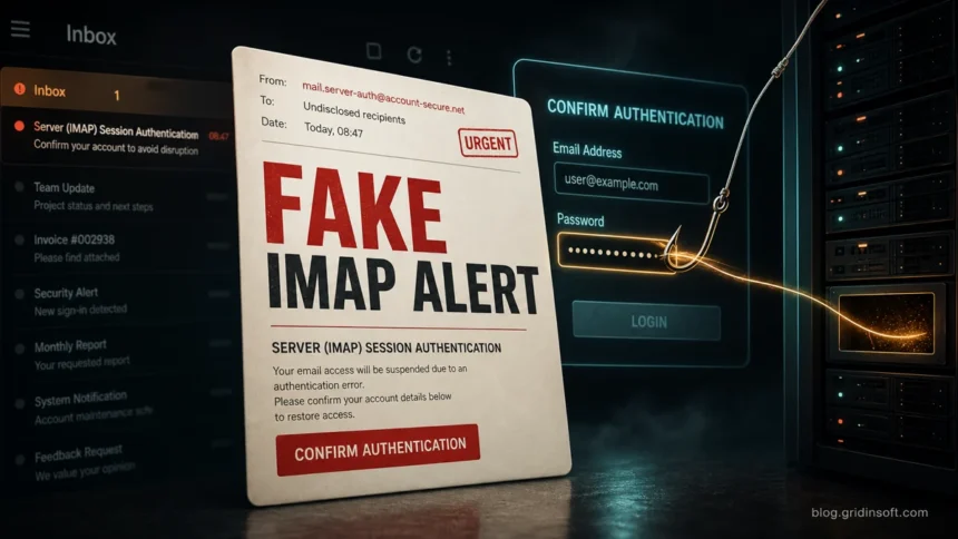 Server (IMAP) Session Authentication Email Scam: What to Do 1 Fake IMAP alert email pulling a password into a phishing login form.