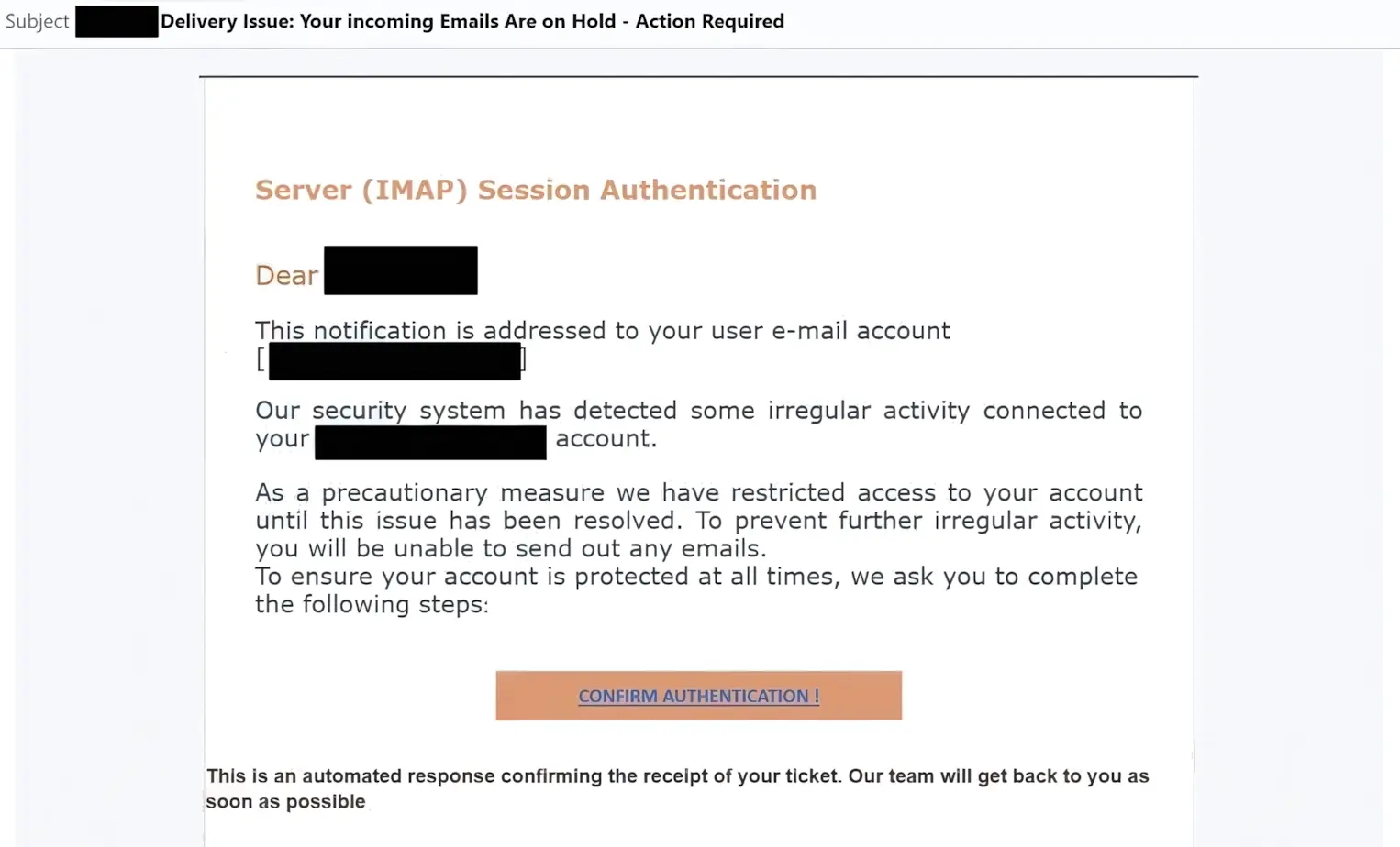 Server (IMAP) Session Authentication Email Scam 2 Server (IMAP) Session Authentication fake email screenshot