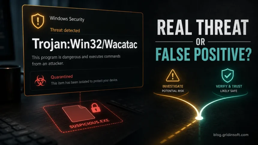Trojan:Win32/Wacatac warning card with a real threat or false positive decision path.