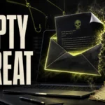Editorial poster showing a fake “We Hacked Your System” ransom email exposed as an empty threat.