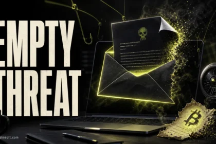 Editorial poster showing a fake “We Hacked Your System” ransom email exposed as an empty threat.