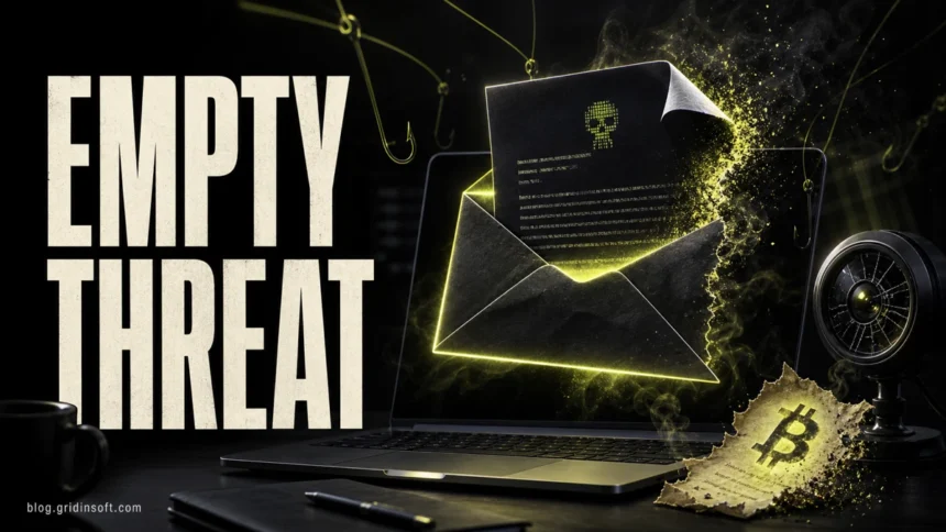 Editorial poster showing a fake “We Hacked Your System” ransom email exposed as an empty threat.