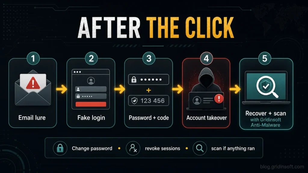Account Verification Alert Email Scam: Red Flags and Recovery Steps 3 Flow diagram showing email lure, fake login, password and code theft, account takeover, and recovery scan steps.