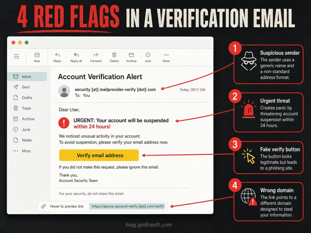 Account Verification Alert Email Scam: Red Flags and Recovery Steps 2 Diagram of a fake account verification email highlighting suspicious sender, urgent threat, fake verify button, and wrong domain.