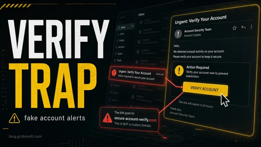 Account Verification Alert Email Scam: Red Flags and Recovery Steps 1 Fake account verification email with a Verify Account button leading to a suspicious domain.