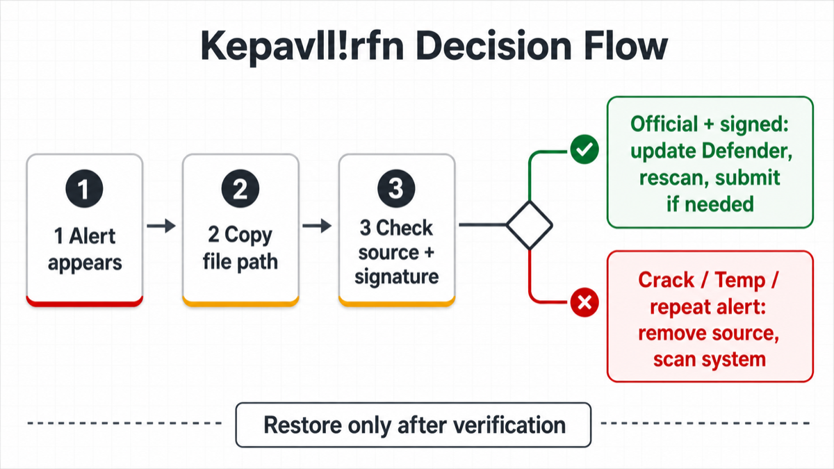 Trojan:Win32/Kepavll!rfn: False Positive or Malware? 2 Kepavll!rfn decision flow for restoring or removing a Defender-detected file