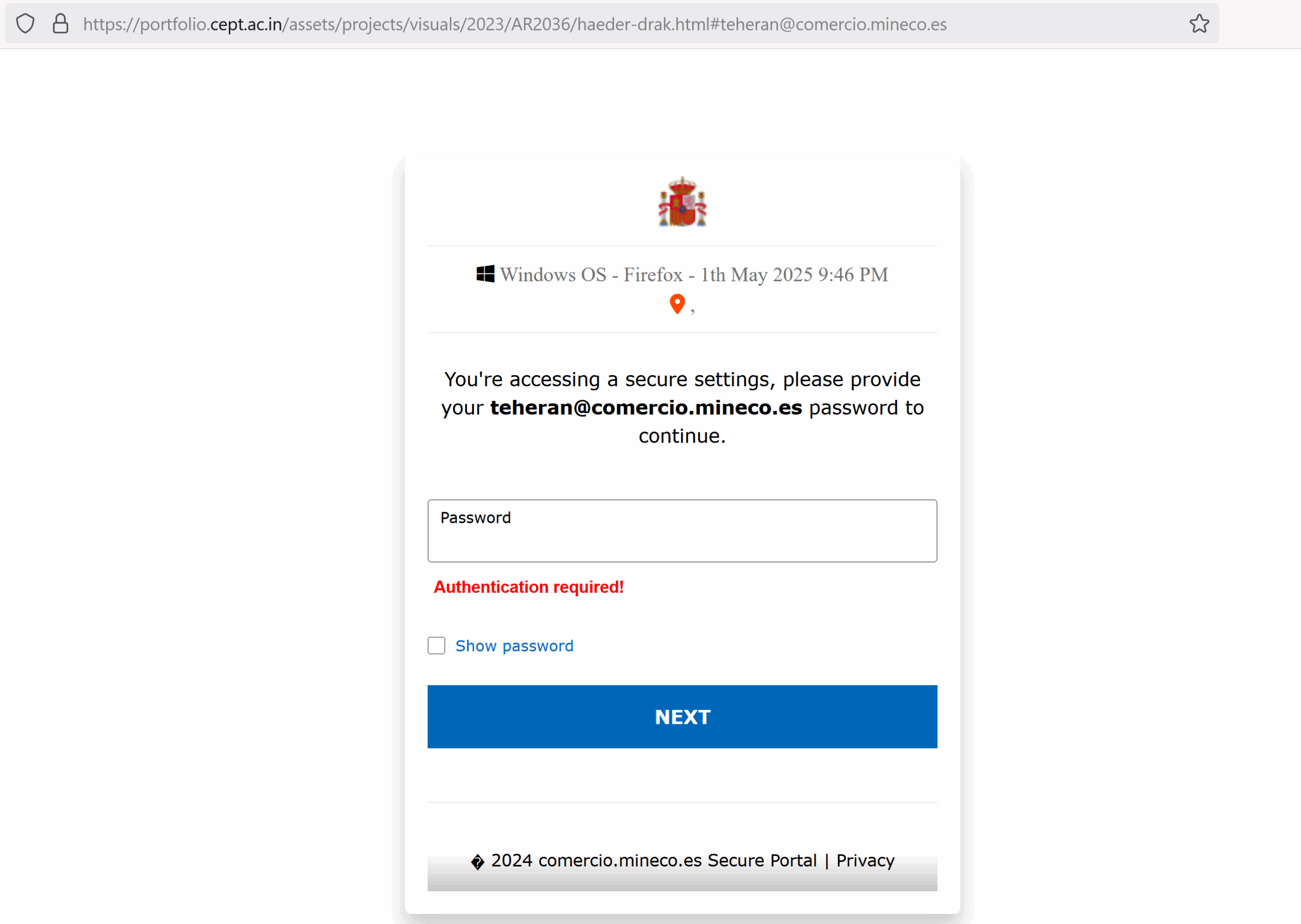 Fake login page used by the correct password phishing scam