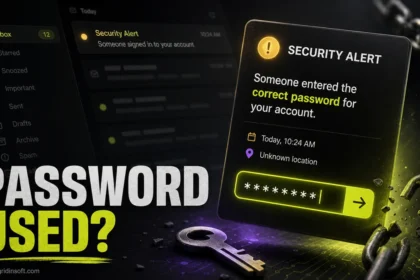Fake correct-password security alert phishing email with a highlighted password field and broken chain.