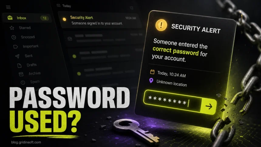 Fake correct-password security alert phishing email with a highlighted password field and broken chain.
