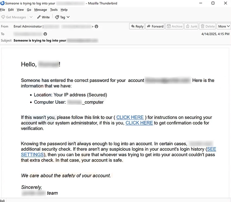 Someone Entered Correct Password For Your Account phishing email example