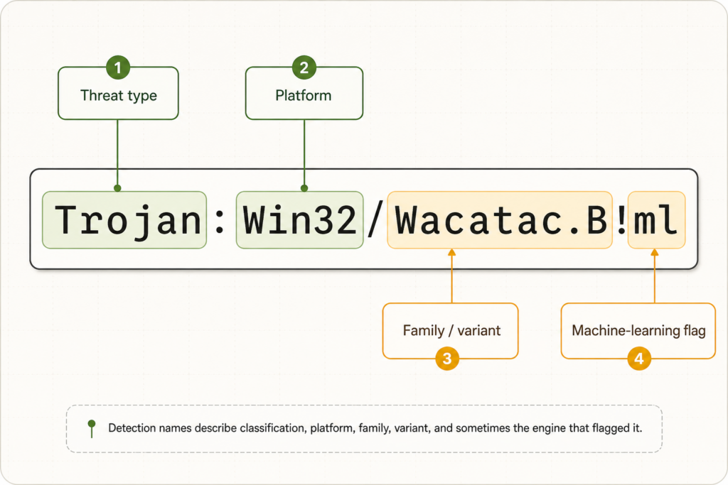 Detection name anatomy graphic explaining Trojan Win32 Wacatac B ml as threat type, platform, family variant, and machine-learning flag.