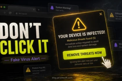 Fake virus alert warning with Don't Click It message