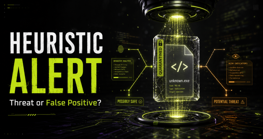 Heuristic alert screen comparing an unknown file behavior check with threat and false-positive decisions.