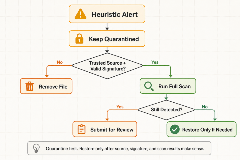 Heuristic alert triage flowchart showing quarantine, source and signature verification, full scan, review submission, removal, and restore decisions.