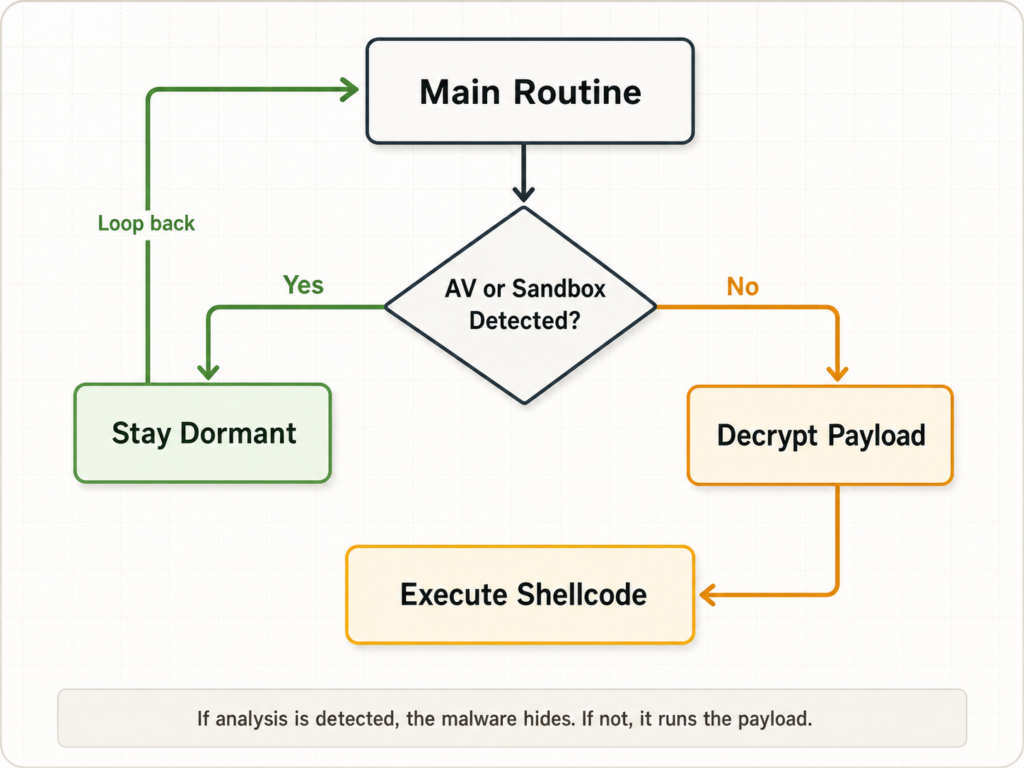 Malware anti-analysis flowchart showing AV or sandbox detection, stay dormant loop, payload decryption, and shellcode execution.