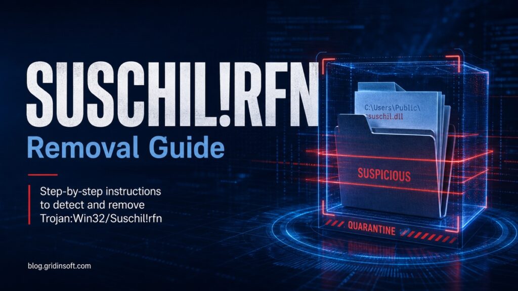 Defender alert for Trojan:Win32/Suschil!rfn with quarantine, source-path review, and cleanup scan decisions.