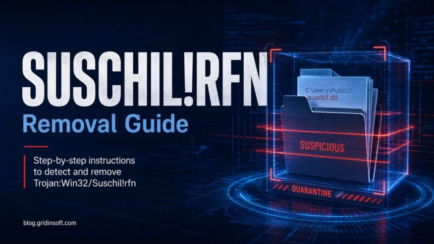 Defender alert for Trojan:Win32/Suschil!rfn with quarantine, source-path review, and cleanup scan decisions.
