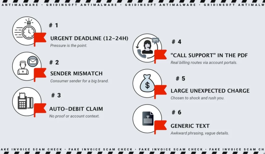 Fake Norton Invoice Scam: PDF Red Flags and What to Do 4 Fake invoice scam red flags including urgency, sender mismatch, auto-debit claim, call support request, large charge, and generic text.