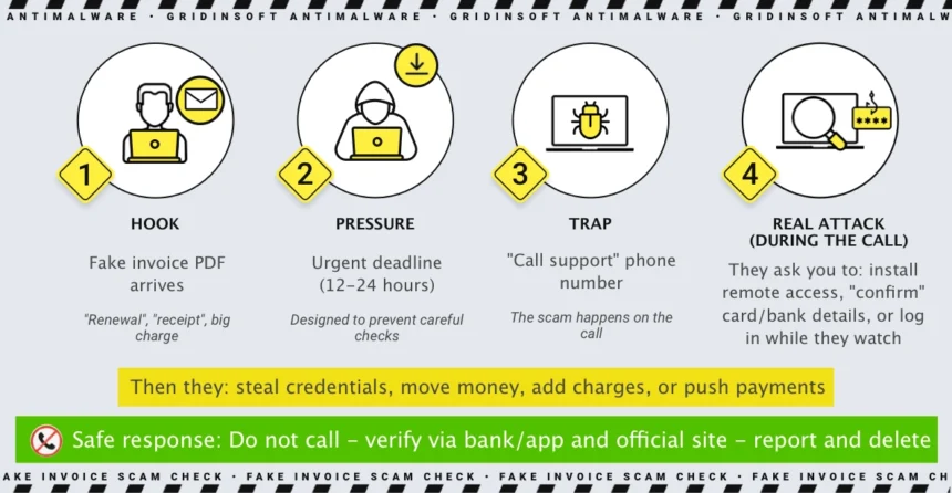 Fake Norton Invoice Scam: PDF Red Flags and What to Do 5 Flowchart of a fake invoice scam moving from email hook to urgent phone call and safe independent verification.
