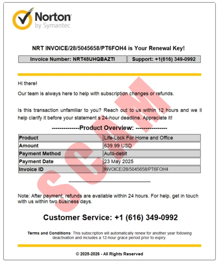 Fake Norton Invoice Scam: PDF Red Flags and What to Do 3 Fake Norton invoice PDF showing a large renewal amount and phone support number.