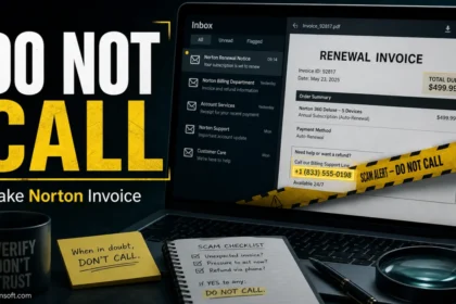 Fake Norton invoice warning with a do-not-call phone trap.