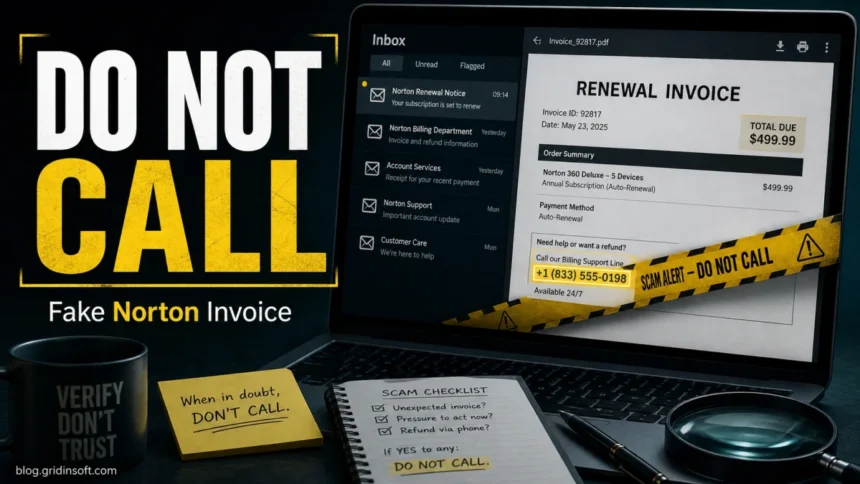Fake Norton Invoice Scam: PDF Red Flags and What to Do 1 Fake Norton invoice warning with a do-not-call phone trap.