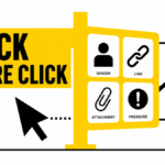 A yellow inspection gate checks sender, link, attachment, and pressure before a cursor reaches an email.