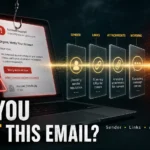 Suspicious email risk assessment with sender, link, attachment, and verdict checks.