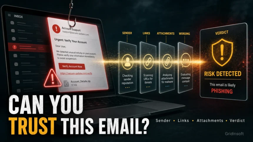 Suspicious email risk assessment with sender, link, attachment, and verdict checks.