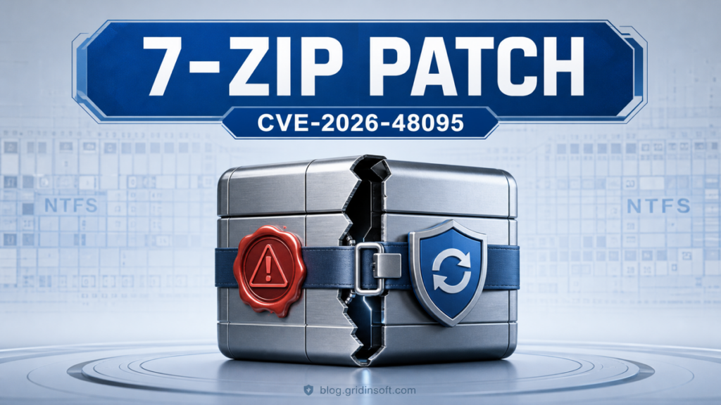 7-Zip CVE-2026-48095 patch guide illustration with an archive box and update shield.