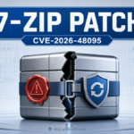 7-Zip CVE-2026-48095 patch guide illustration with an archive box and update shield.