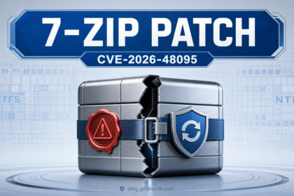 7-Zip CVE-2026-48095 patch guide illustration with an archive box and update shield.