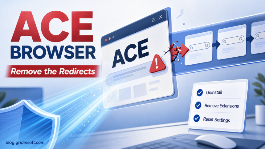 Ace Browser removal poster with redirect cleanup steps