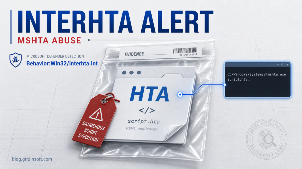 InterHTA Alert showing HTA script abuse evidence and mshta.exe command prompt