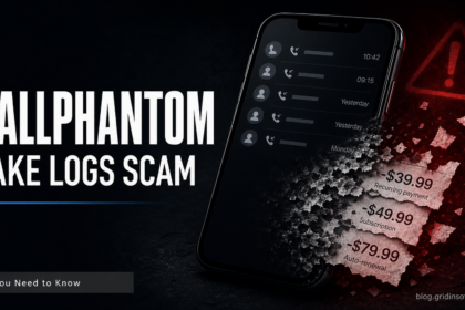 CallPhantom fake logs scam poster with phone and payment receipts