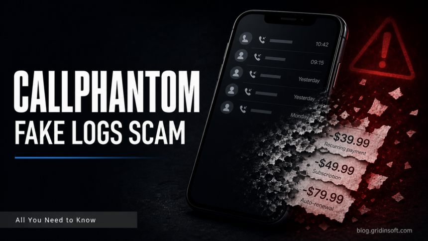 CallPhantom fake logs scam poster with phone and payment receipts