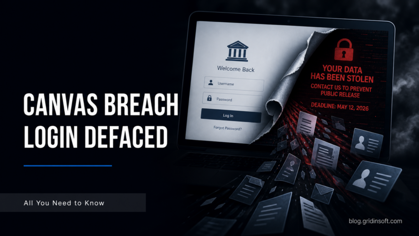 Canvas breach poster showing defaced school login and leaked records